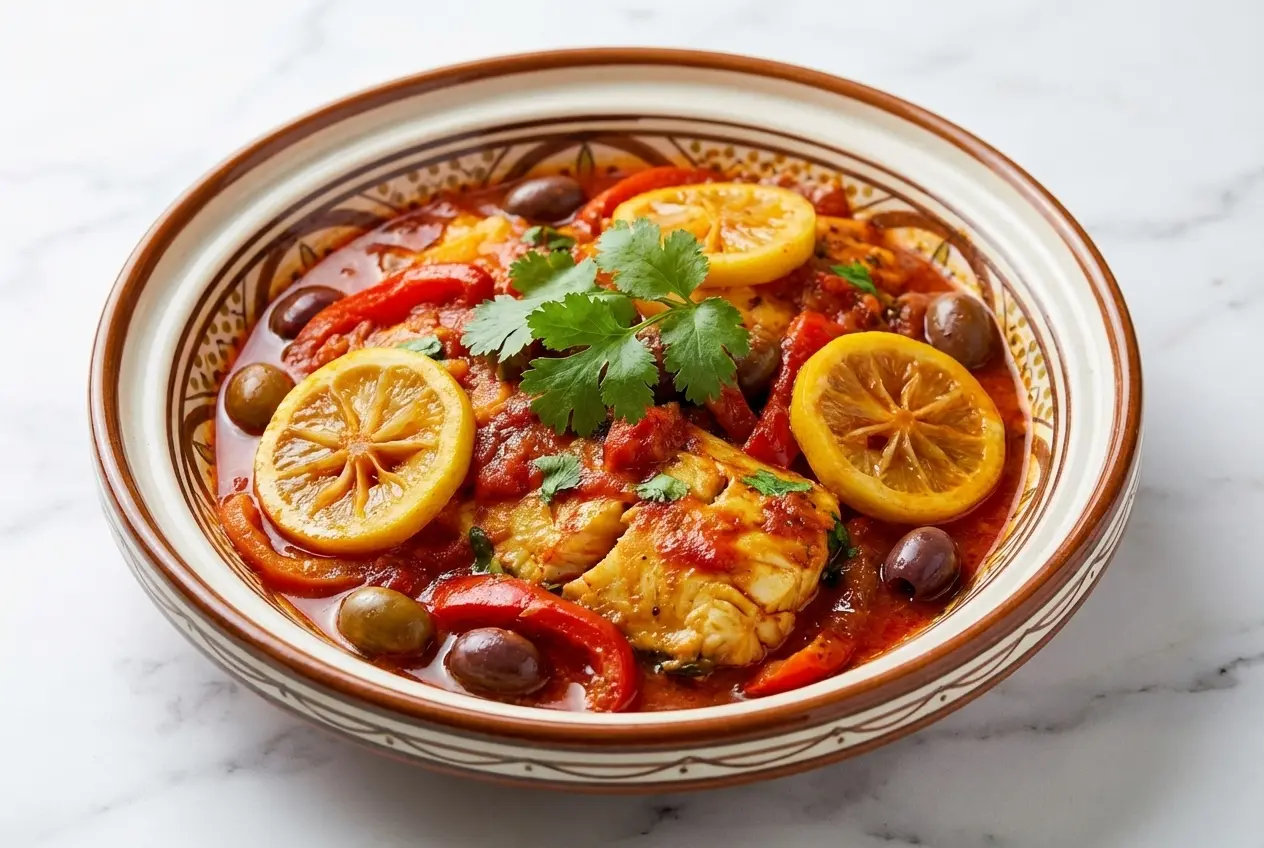 Tajine de poisson aux légumes dans un plat en céramique minimaliste sur marbre blanc. Bouillon safrané et chermoula au citron confit sous une lumière naturelle.