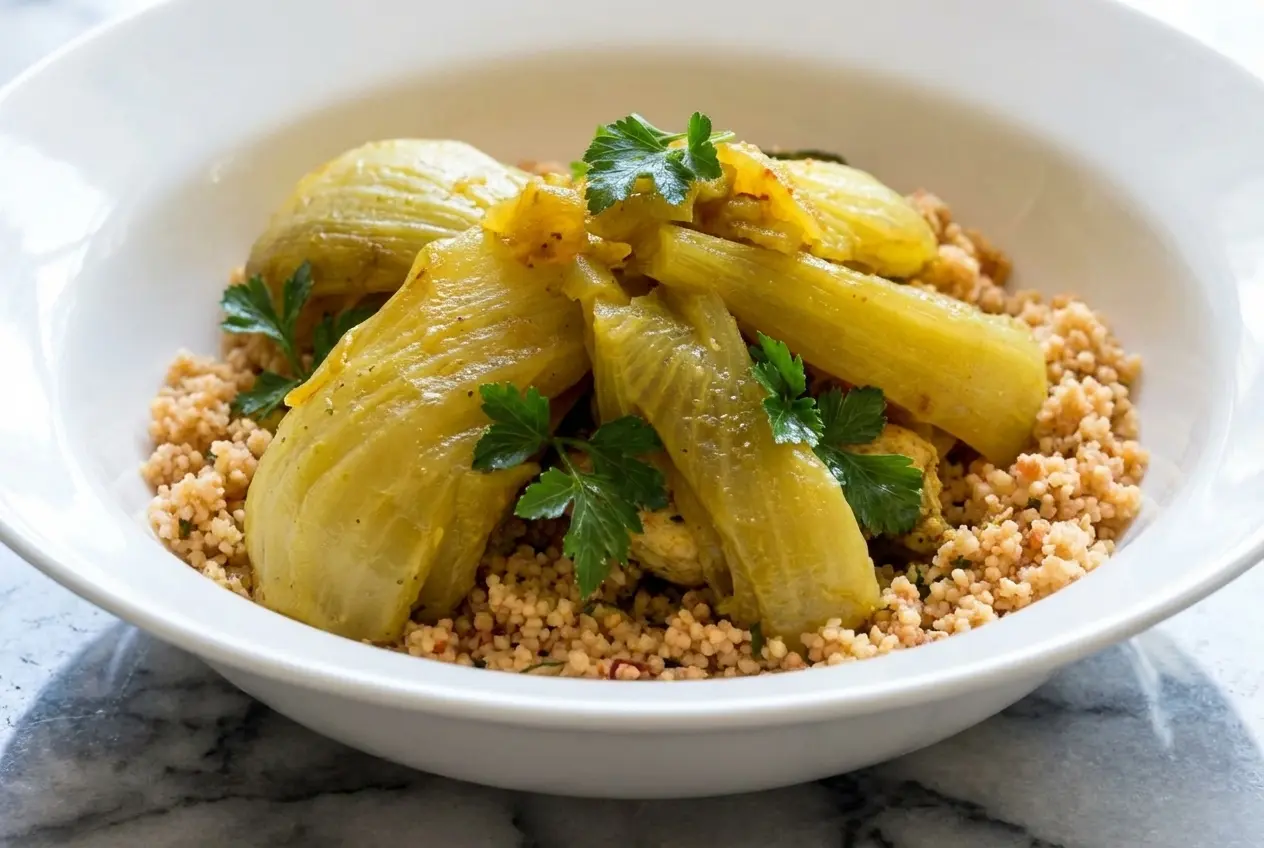 Tajine au fenouil et poulet, finition caramélisée au miel et graines d'anis sur surface en marbre blanc.