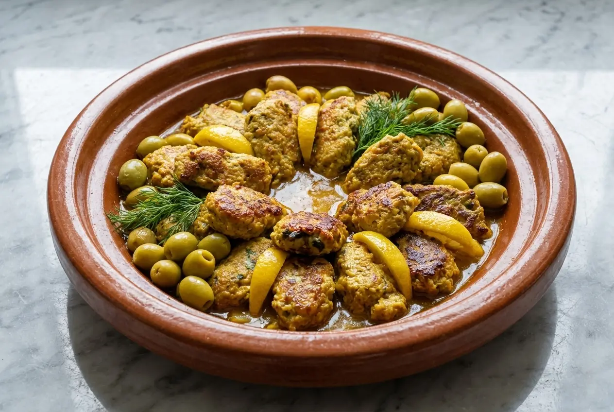 Tajine de kefta au poulet à la courgette râpée dans un plat en céramique blanc, lumière naturelle sur marbre.