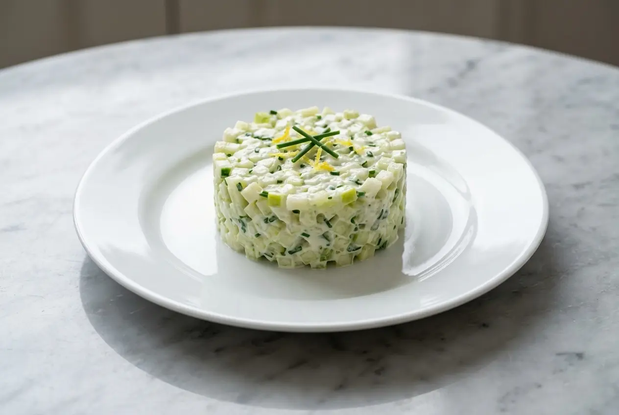 Tartare de concombre et pomme Granny Smith au wasabi sur céramique minimaliste, marbre blanc et lumière naturelle douce.