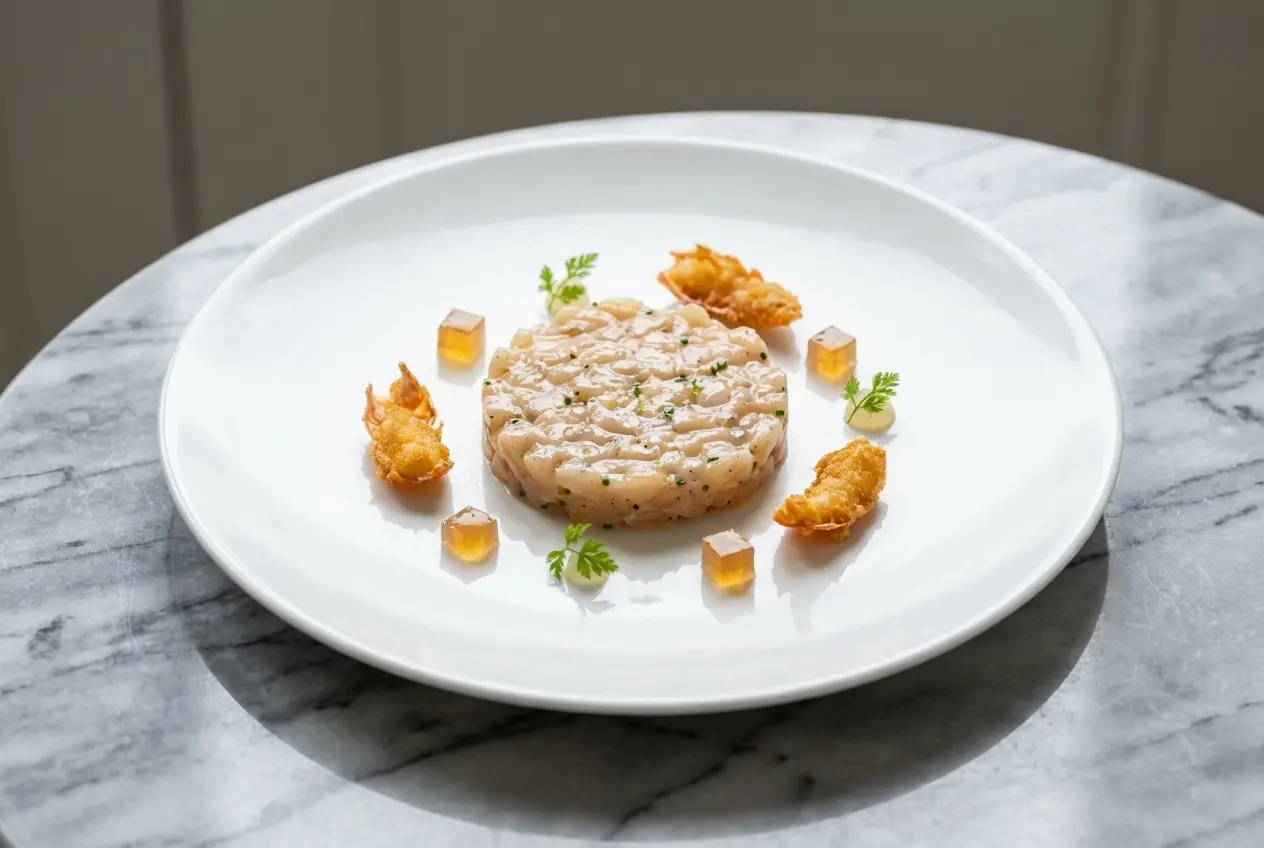 Tartare de langoustines crues à la vanille et citron vert, dressé dans une assiette en céramique minimaliste sur marbre blanc, lumière naturelle.