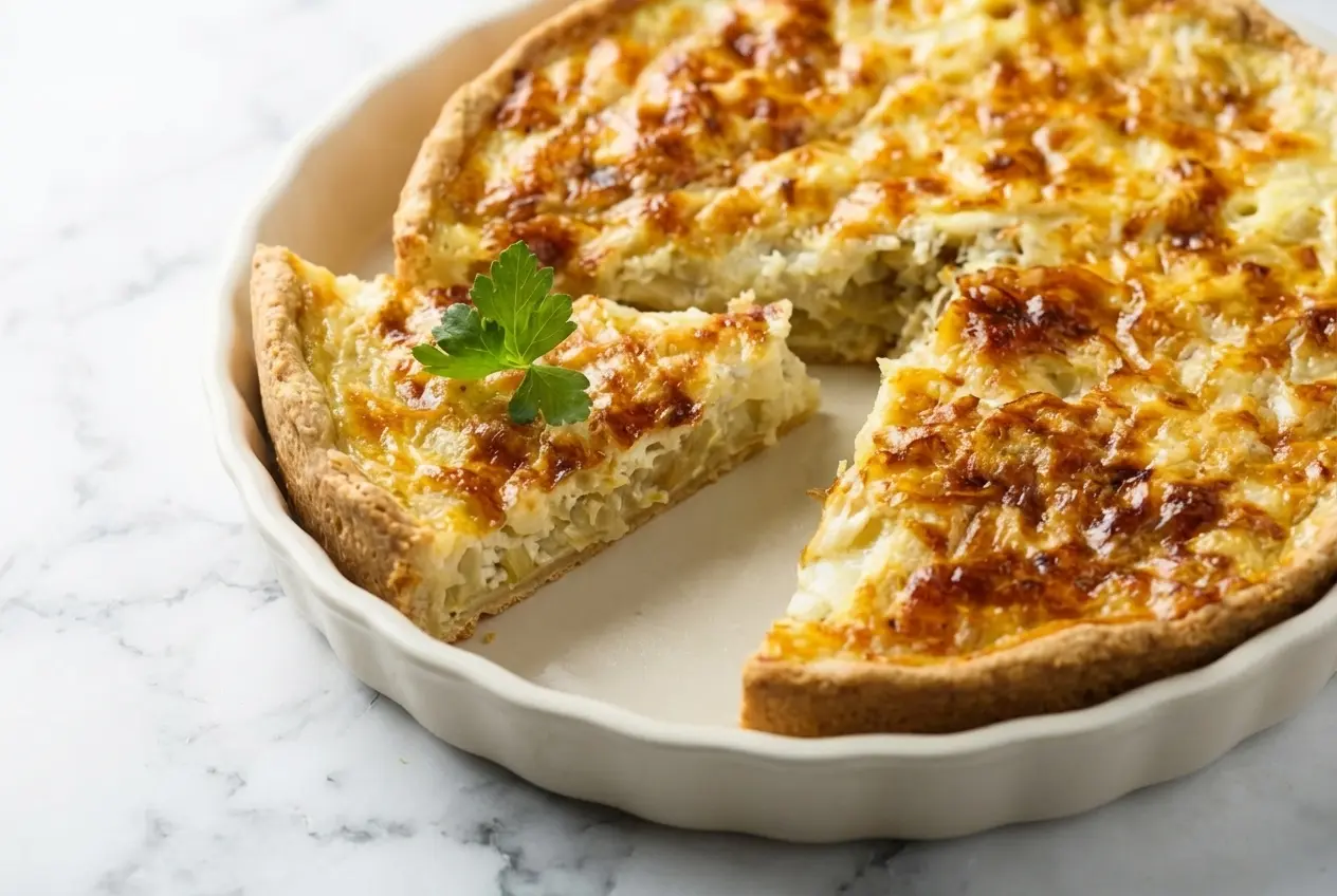 Vue de haut d'une tarte aux oignons dorée présentée sur une assiette en céramique minimaliste posée sur un plan de travail en marbre blanc sous un éclairage naturel. La texture riche révèle des oignons fondants déglacés au vinaigre balsamique reposant sur une fine couche de moutarde de Dijon.