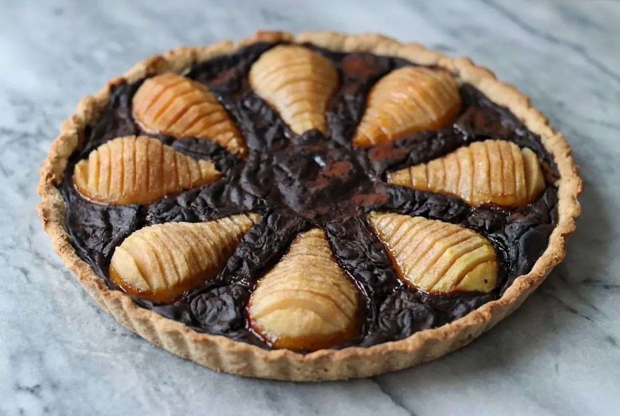 Tarte aux Poires et Caroube sur un marbre blanc, infusion à la fève Tonka et sel de mer, vue de dessus épurée.