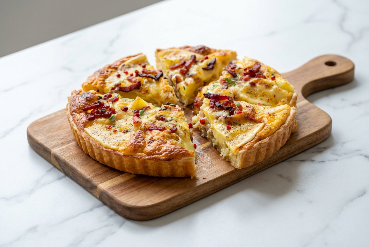 Tarte façon tartiflette sur assiette en céramique, pâte cuite à blanc et oignons déglacés au vin blanc, sur marbre blanc.