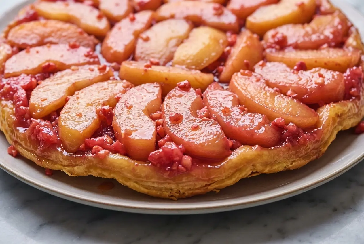 Tarte tatin aux pralines roses sur marbre blanc, pommes Golden glacées au vinaigre de cidre et beurre demi-sel, lumière naturelle.