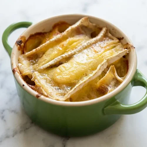 Tartiflette normande dorée au Camembert AOP et pommes fruits sur un plan de travail en marbre blanc.
