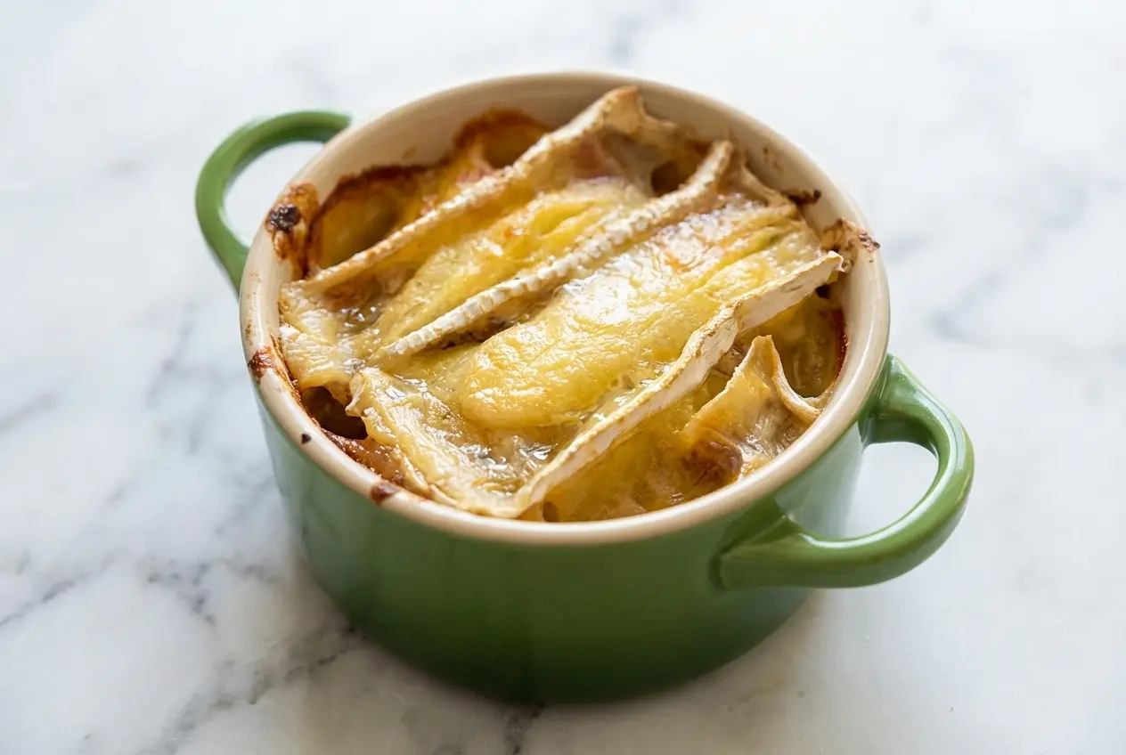 Tartiflette normande dorée au Camembert AOP et pommes fruits sur un plan de travail en marbre blanc.