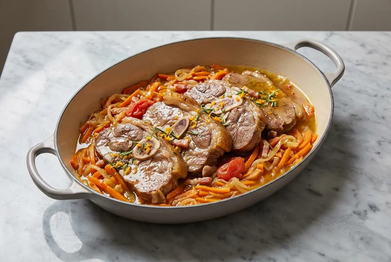 Tendrons de veau aux carottes braisés servis dans une assiette en céramique minimaliste sur marbre blanc, sublimés par une gremolata à l'orange et au romarin.