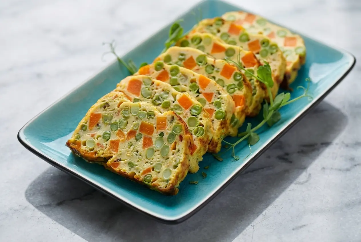Terrine de petits pois carottes à la crème infusée à la menthe et citron sur un plan de travail en marbre blanc.