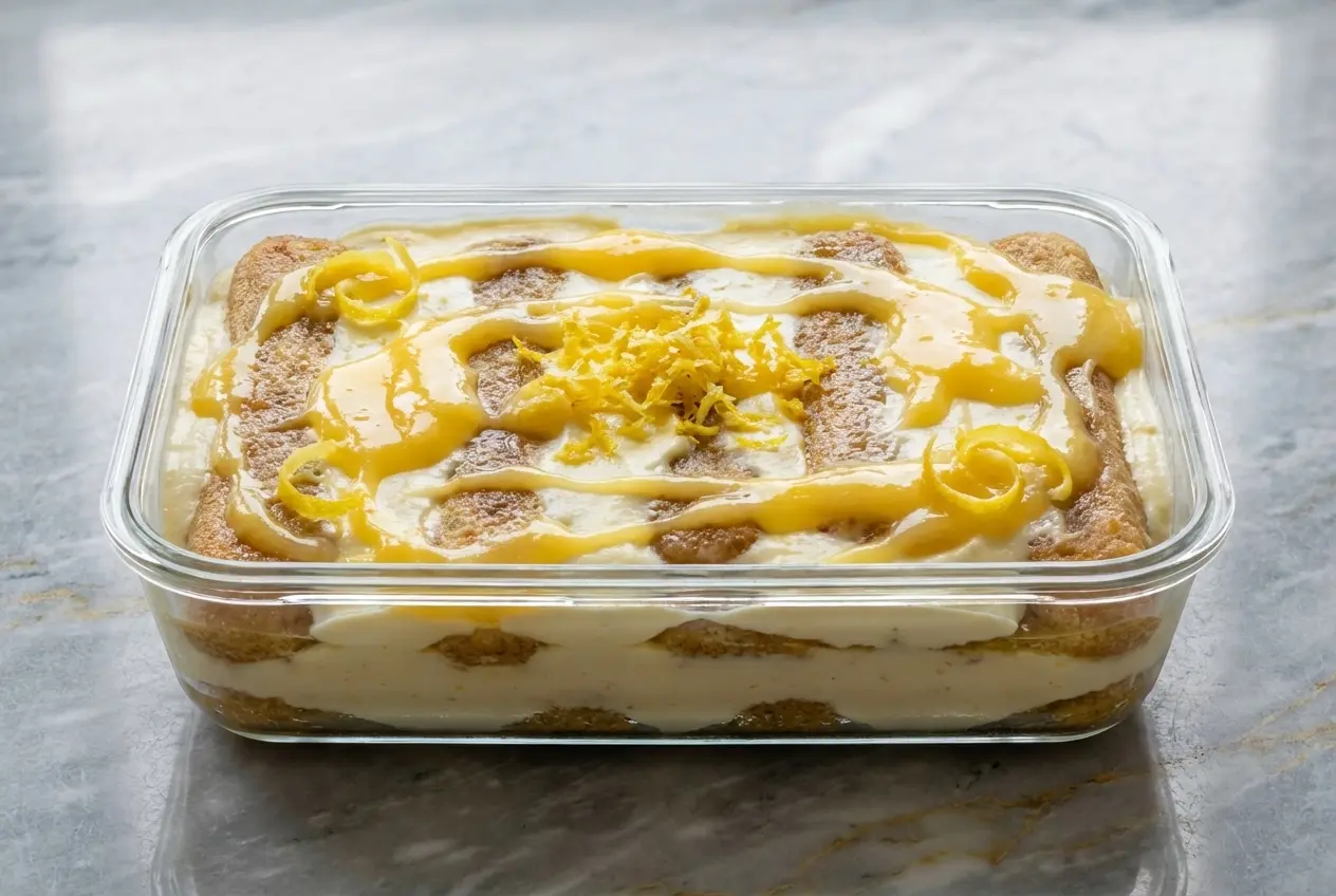 Tiramisu au limoncello et lemon curd avec copeaux de chocolat blanc sur marbre blanc sous une lumière naturelle douce.
