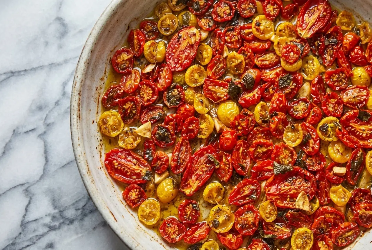 Tomates confites au four sur marbre blanc, texture ridée et brillante, parfumées au zeste de citron et poivre long.