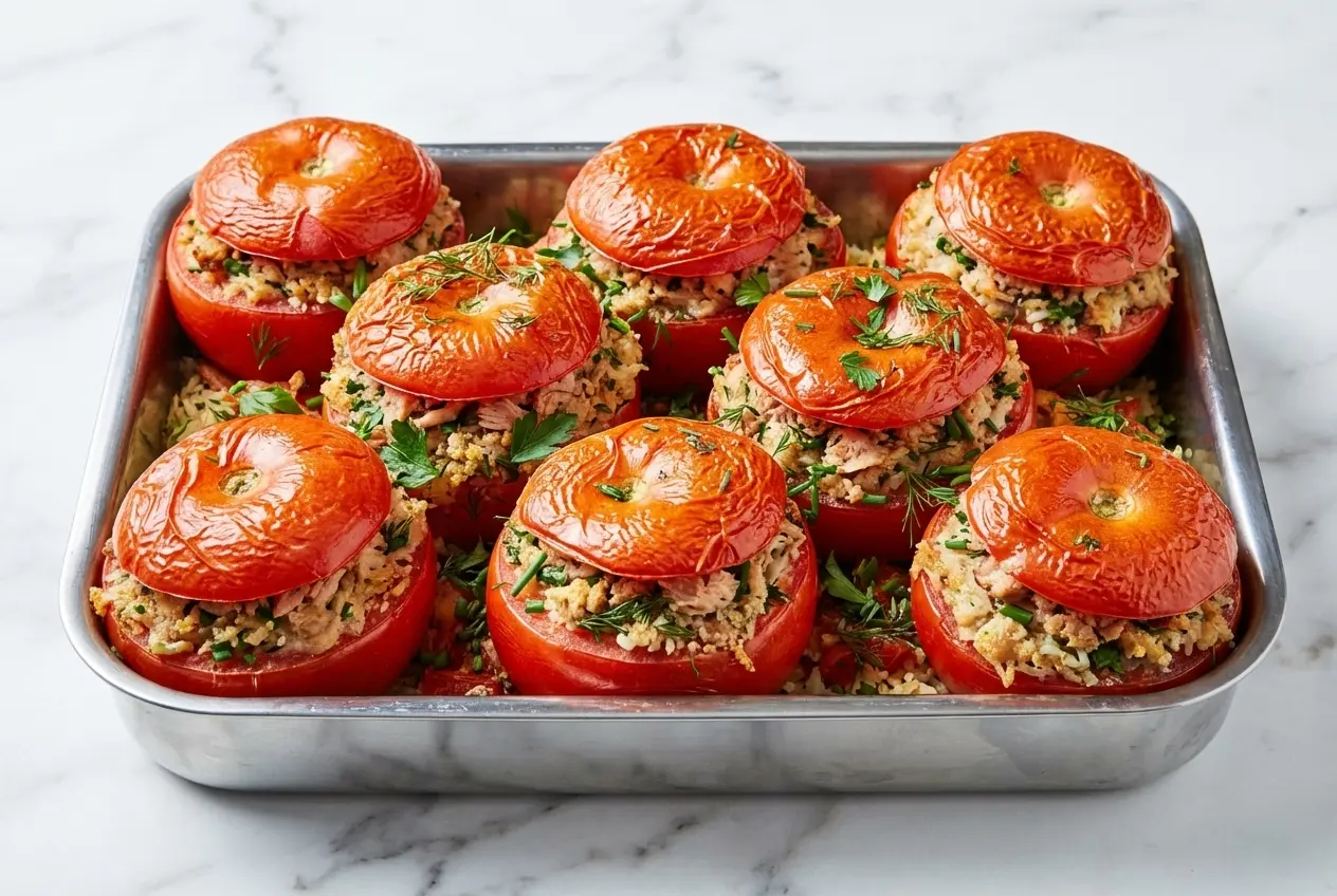 Tomates farcies au thon sur marbre blanc et céramique minimaliste. Farce sur lit de moutarde de Dijon et chapelure de seigle.
