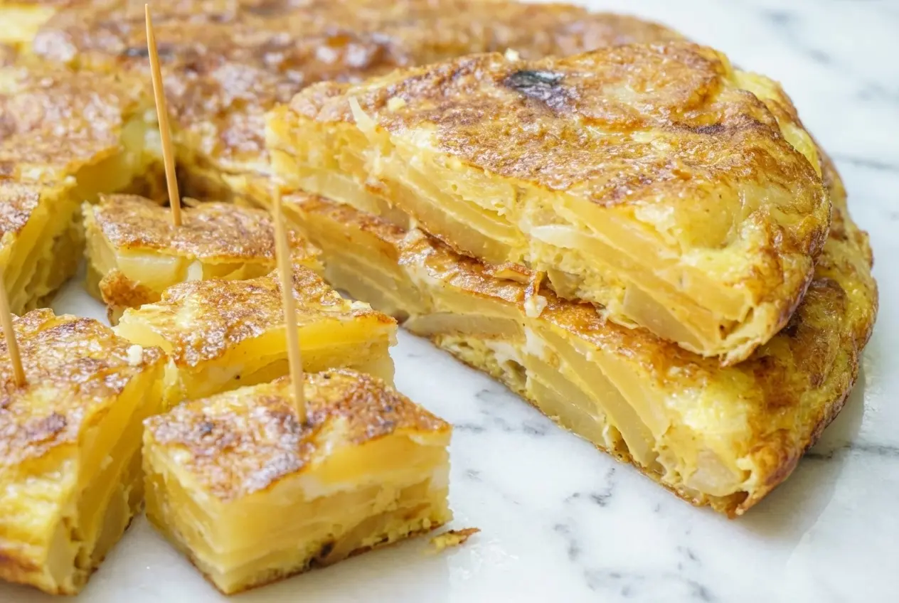 Tortilla aux pommes de terre dorée aux oignons caramélisés au balsamique blanc sur marbre blanc, lumière naturelle douce.