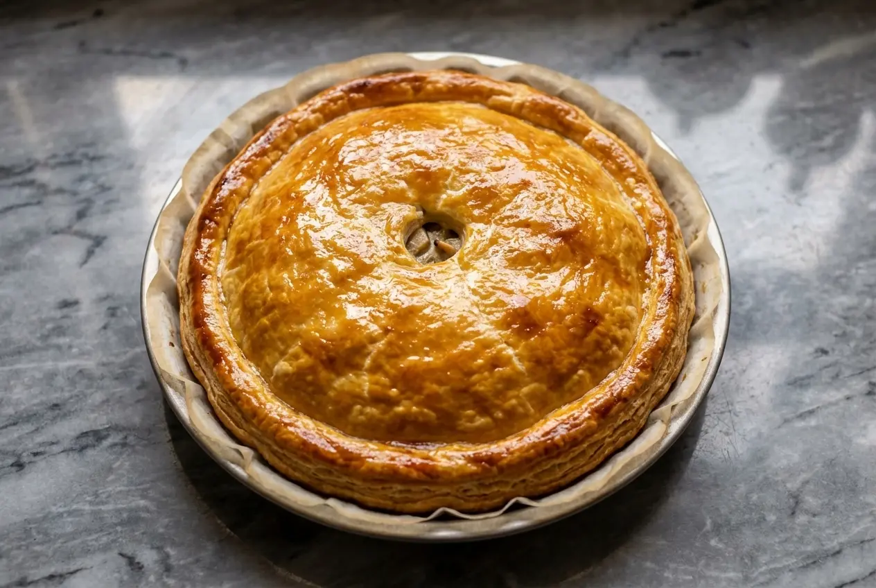 Vue de dessus d'une tourte aux cèpes à la dorure à l'œuf brillante, révélant une pâte feuilletée croustillante sur un plan de travail en marbre blanc. La cheminée de vapeur laisse deviner une crème onctueuse infusée à la poudre de cèpes séchés sous une lumière naturelle douce.