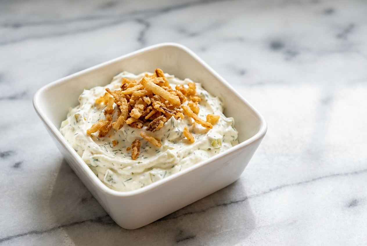 Trempette aux cornichons dans un bol en céramique sur marbre blanc, fouettée à la saumure et garnie d'oignons frits.