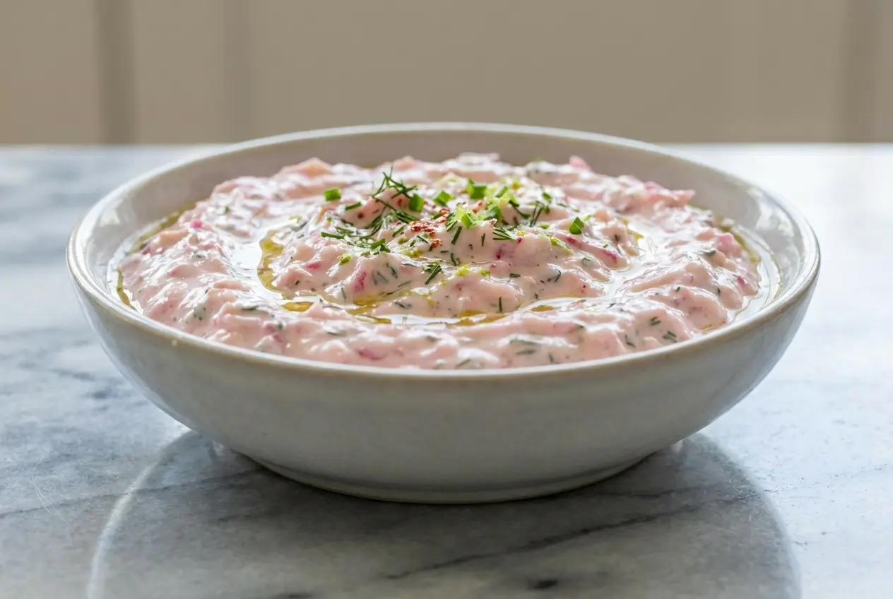 Tzatziki de Radis rose crémeux dans un bol en céramique blanc sur marbre, parsemé de zestes de citron vert et de piment d'Espelette.