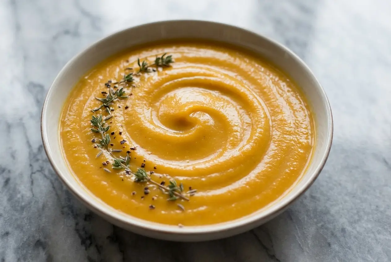Vue de haut d'un velouté de butternut onctueux, ail rôti et miel dans un bol blanc minimaliste sur marbre.
