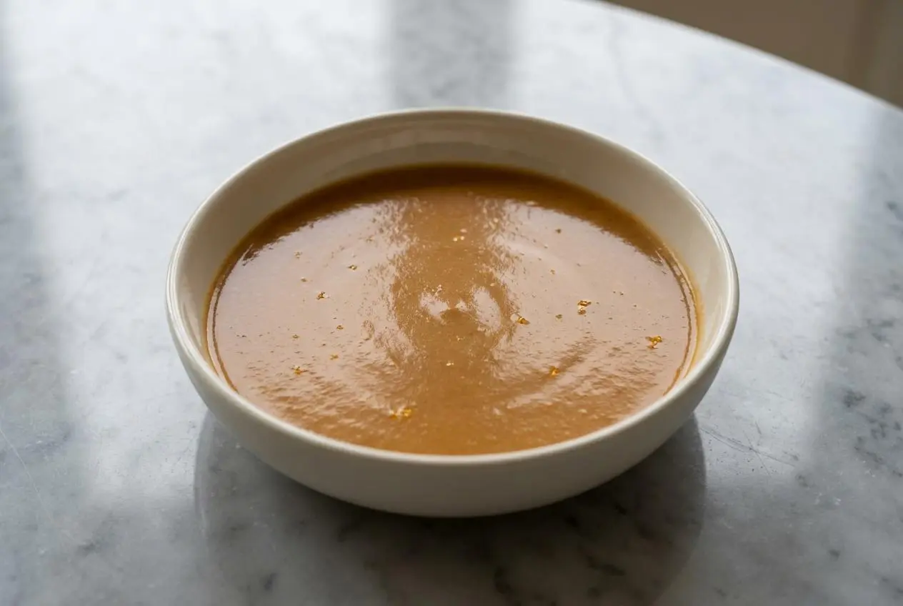 Vue en plongée d'une bisque de langoustines veloutée dans un bol en céramique, garnie de zestes d'orange et de piment d'Espelette, posée sur une surface en marbre blanc avec une lumière naturelle douce.