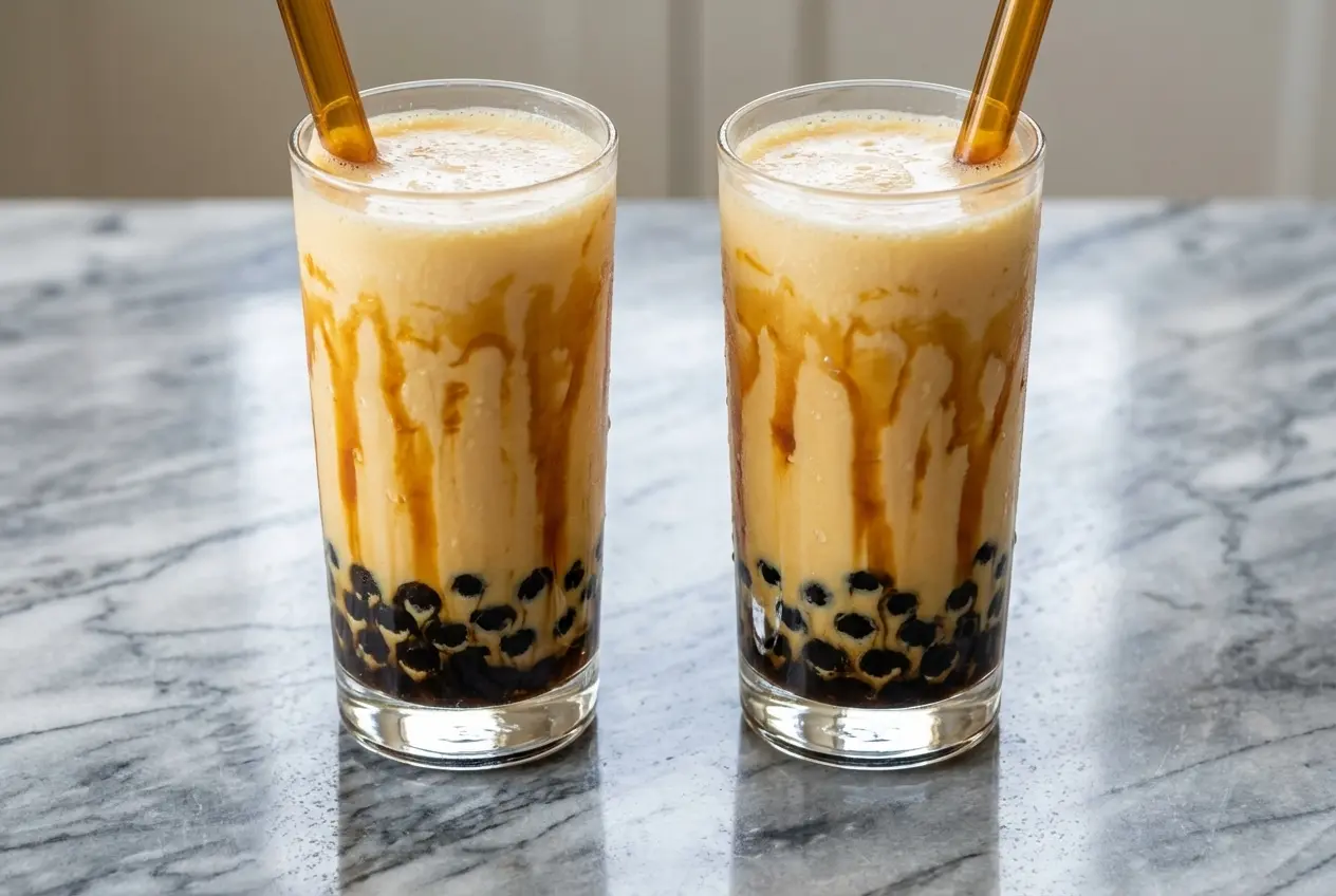 Bubble Tea maison servi dans un grand verre transparent sur un comptoir en marbre, révélant des perles de tapioca enrobées d'un sirop de sucre brun.