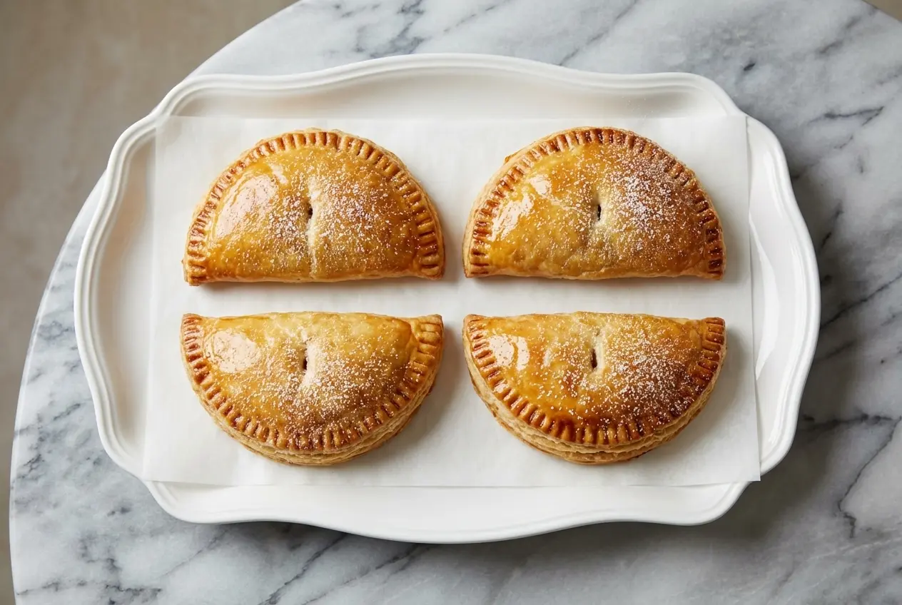 Plusieurs chaussons aux pommes légers, dorés et brillants, saupoudrés de cardamome, sur une assiette en céramique sur un fond de marbre blanc. La lumière naturelle accentue leur texture feuilletée.