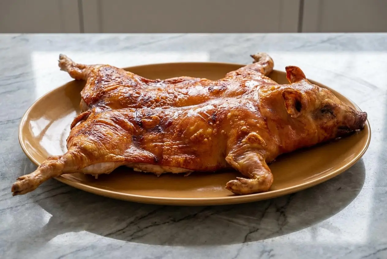 Cochon de lait au four entier, sa peau dorée et croustillante par la double marinade, présenté sur un plat en céramique minimaliste posé sur une surface en marbre blanc sous une lumière naturelle.