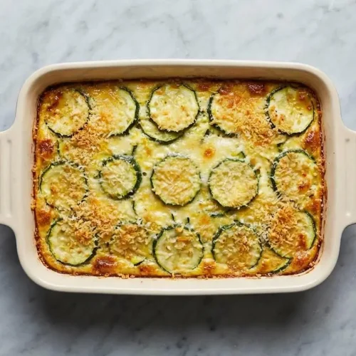 Gratin de courgettes au parmesan dans un plat en céramique blanc, avec une croûte Panko dorée au zeste de citron, photographié en légère plongée sur une surface en marbre blanc avec une lumière de fenêtre naturelle et des ombres douces.
