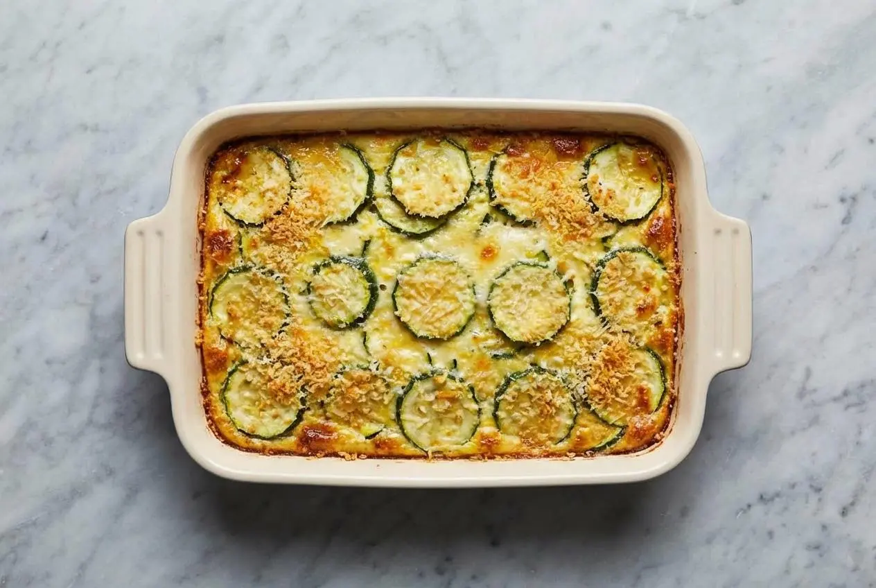 Gratin de courgettes au parmesan dans un plat en céramique blanc, avec une croûte Panko dorée au zeste de citron, photographié en légère plongée sur une surface en marbre blanc avec une lumière de fenêtre naturelle et des ombres douces.