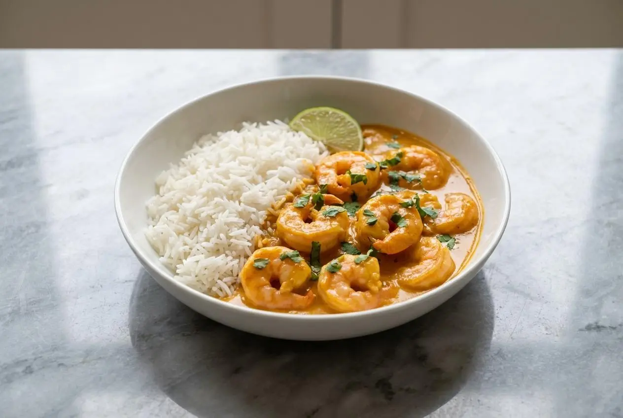 Vue en plongée de crevettes au curry et lait de coco, la sauce onctueuse nuancée par la pâte de tamarin, servies dans un bol en céramique sur un plan de travail en marbre blanc baigné de lumière naturelle.