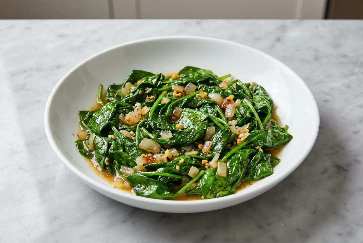 Vue de dessus d'épinards frais au beurre nappés de beurre noisette et garnis d'ail noir écrasé, servis dans un bol en céramique sur une surface en marbre blanc.