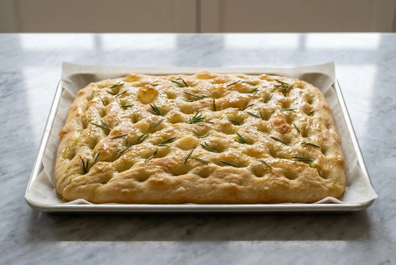 Vue en légère plongée d'une focaccia italienne au romarin dorée, sa croûte rustique parsemée de fleur de sel et marquée par des fossettes remplies de saumure infusée, posée sur un comptoir en marbre blanc sous un éclairage naturel doux.