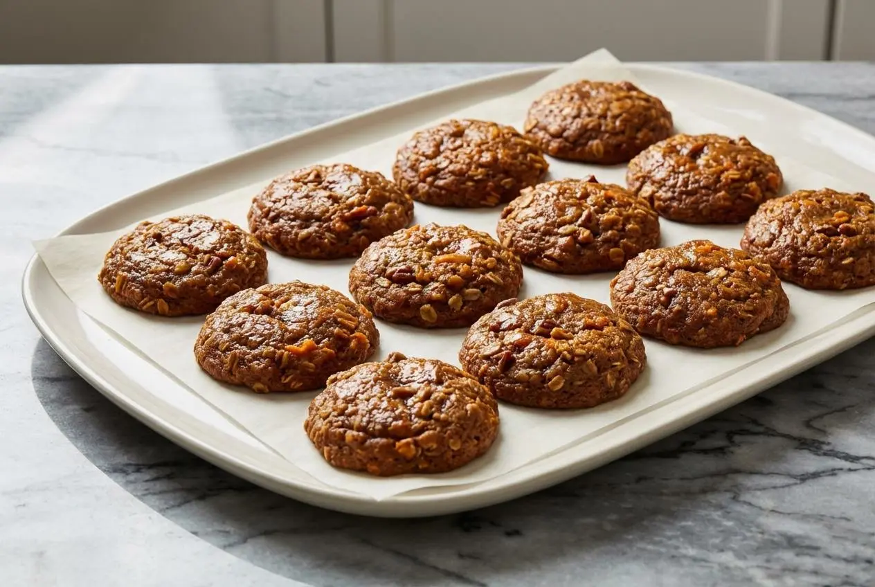 Vue rapprochée d'une pile de galettes de patate douce dorées, parsemées de flocons d'avoine et de noix de pécan torréfiées, sur une assiette en céramique minimaliste avec une lumière de fenêtre douce.
