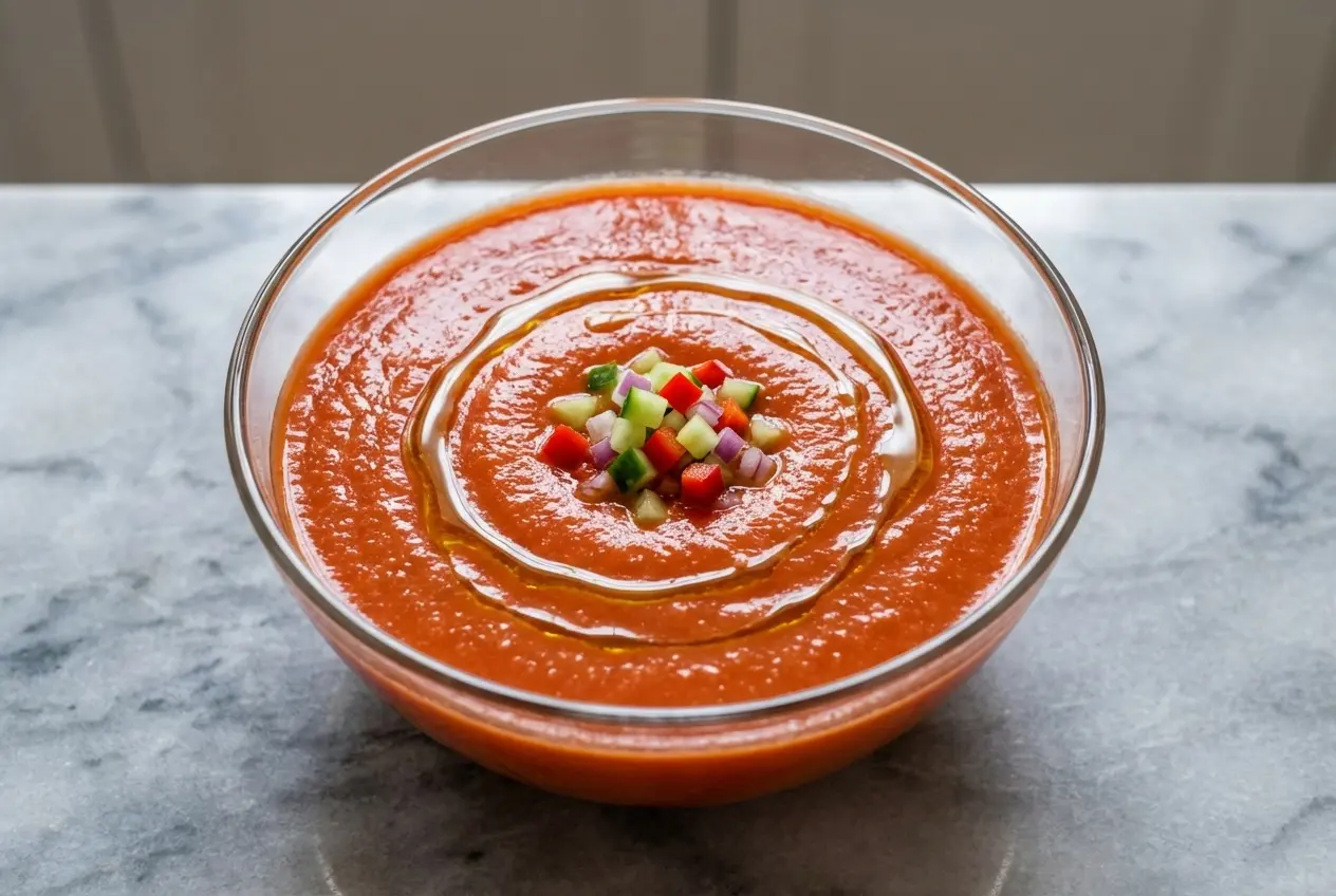 Bol en céramique blanche rempli d'un Gaspacho aux tomates d'un rouge intense, sublimé par le poivron rôti. Vue plongeante sur un comptoir en marbre blanc, baigné de lumière naturelle créant des ombres douces.