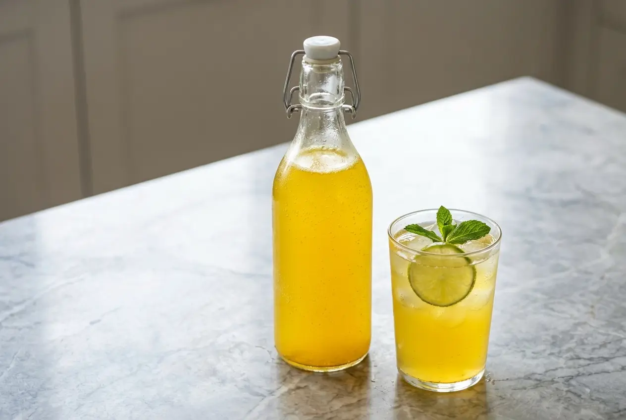 Deux verres de Ginger Beer maison pétillant, d'une teinte dorée unique due au curcuma, posés sur un comptoir en marbre blanc baigné de lumière naturelle.