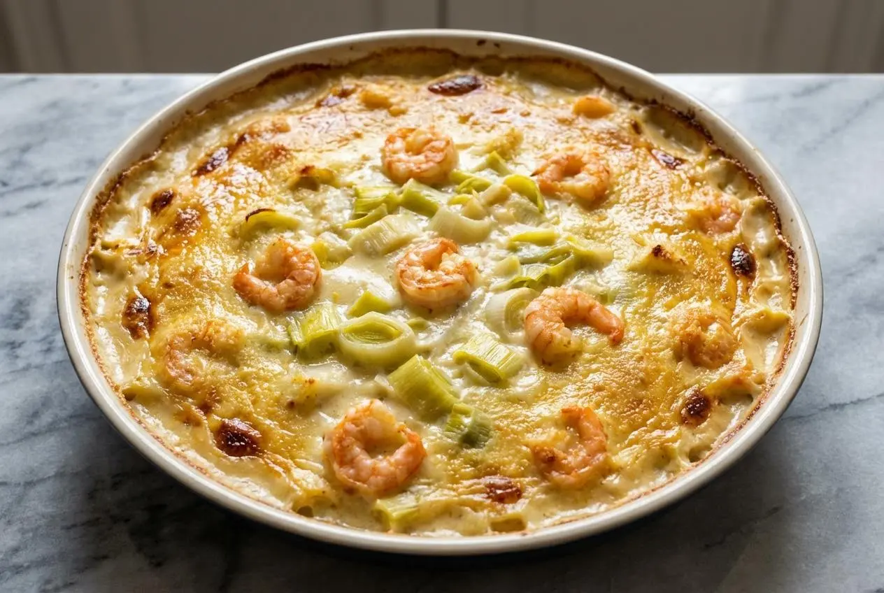 Gros plan sur un gratin de poireaux aux crevettes doré et bouillonnant, sa croûte gratinée par la sauce Mornay au vin blanc, servi dans un plat en céramique sur une surface en marbre blanc.