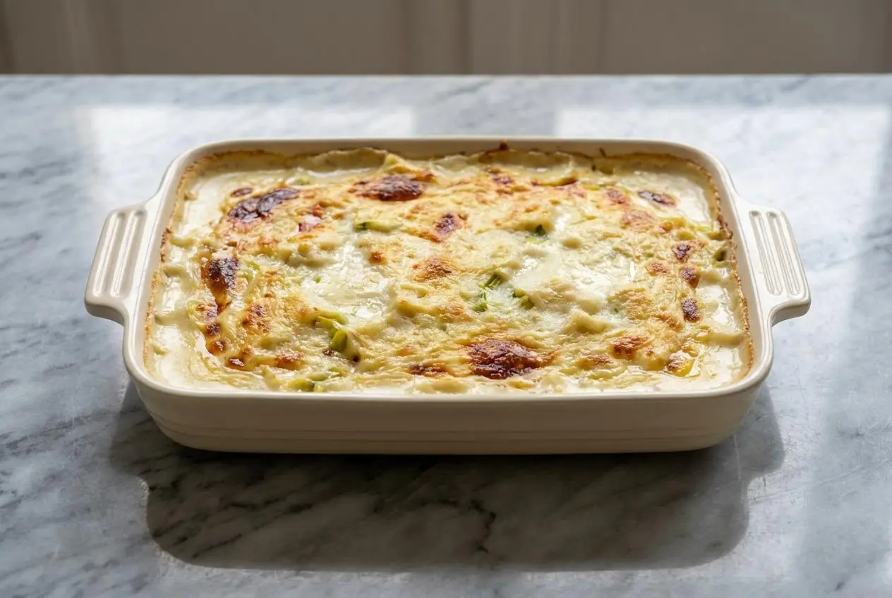 Gratin de ravioles aux poireaux doré et onctueux, présenté dans un plat à gratin en céramique sur une surface en marbre blanc, avec des ombres douces créées par une lumière naturelle de fenêtre.