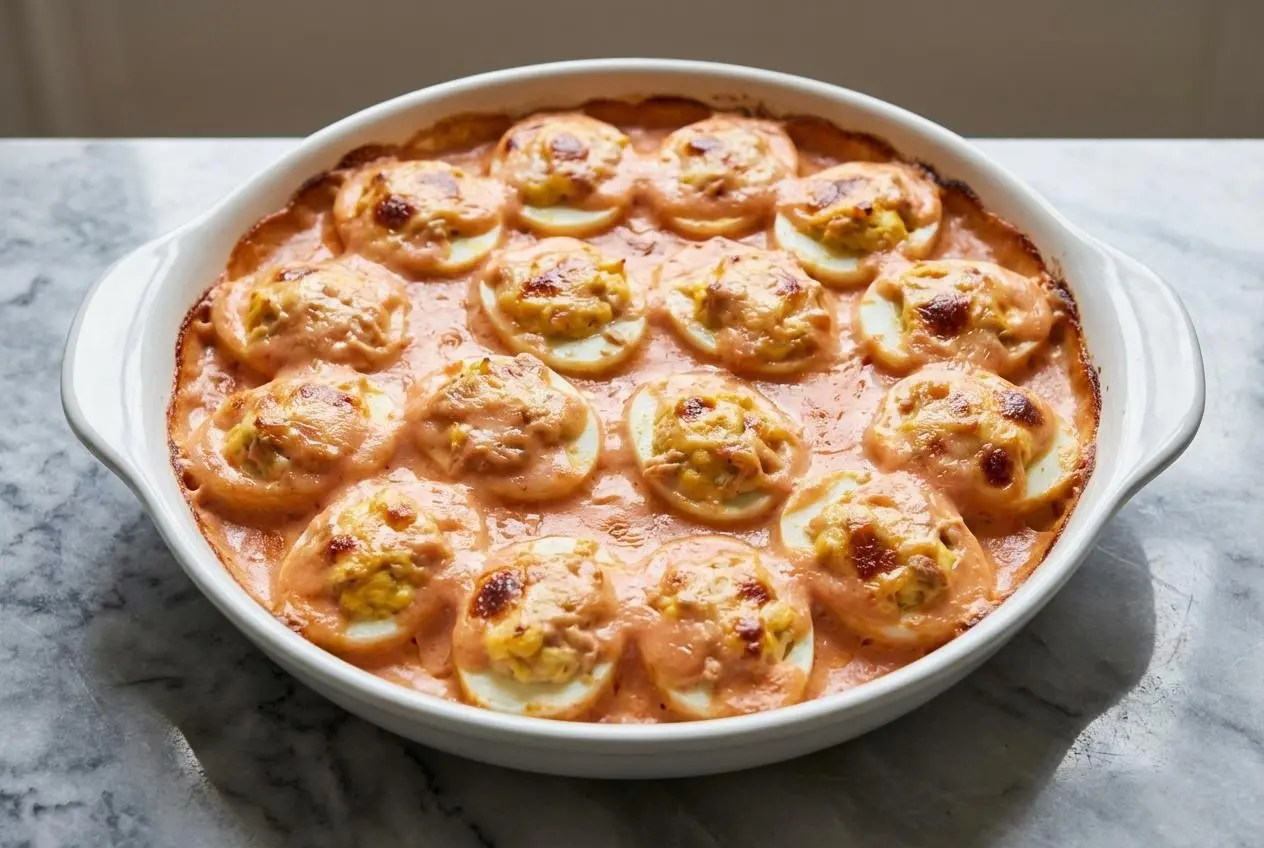 Gratin de thon aux œufs onctueux, cuit dans un plat en céramique, avec une croûte dorée et des œufs farcis façon mimosa visibles sous la béchamel, capturé en vue de trois-quarts sur une surface en marbre blanc.
