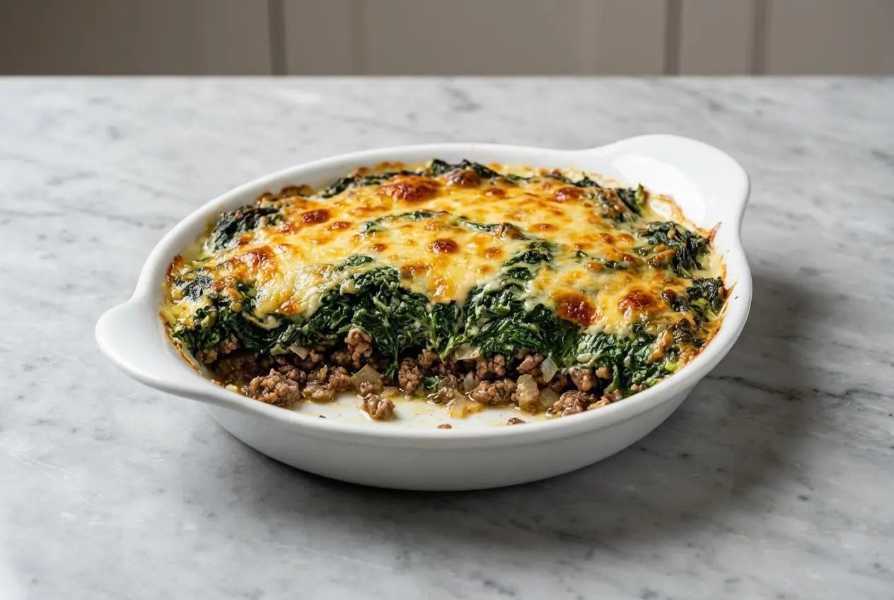 Gratin d'épinards crémeux au Comté vieilli, doré et bouillonnant, dans un plat à gratin en céramique sur une surface en marbre blanc. Vue en légère plongée sous une lumière naturelle de fenêtre, mettant en valeur la croûte gratinée et les grains de moutarde à l'ancienne.