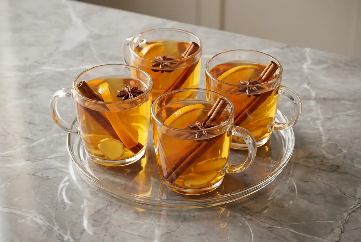Vue rapprochée d'une tasse en céramique remplie de jus de pomme chaud aux épices, garnie d'une tranche d'orange séchée et d'un bâton de cannelle, révélant les arômes des épices torréfiées. La scène est capturée sur une surface en marbre blanc avec un éclairage de fenêtre naturel.