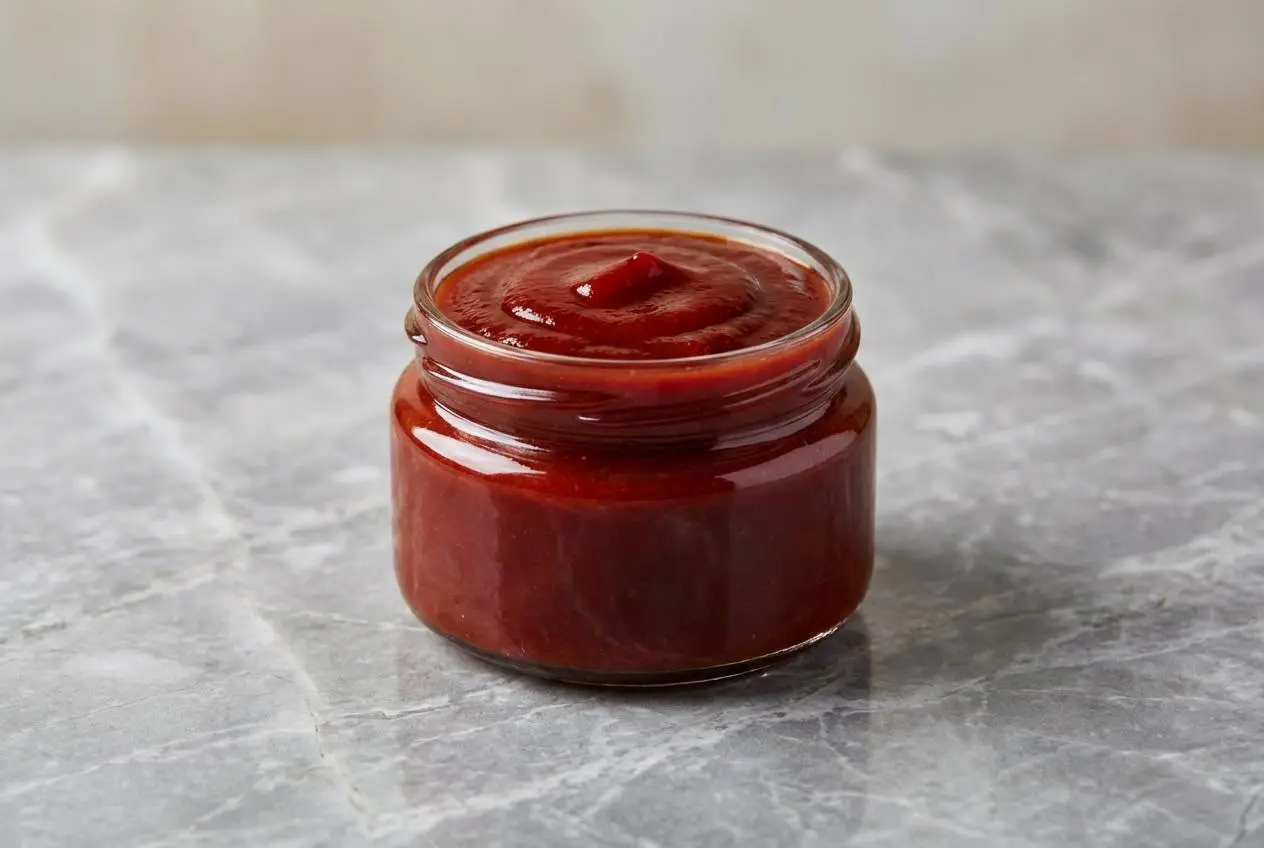Vue plongeante d'un bol en céramique minimaliste rempli de ketchup maison onctueux, sa couleur rouge profond rehaussée par le vinaigre balsamique, photographié avec des ombres douces sur une surface en marbre blanc.