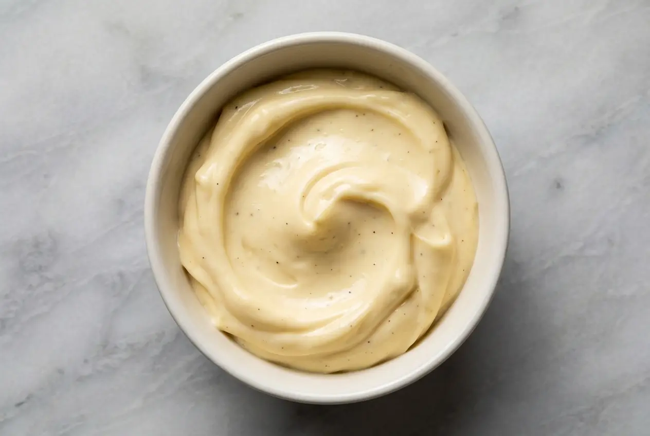 Gros plan sur une mayonnaise aux oeufs durs onctueuse, avec un twist de miso et yuzu, servie dans un bol en céramique minimaliste sur une surface en marbre blanc, baignée de lumière naturelle.