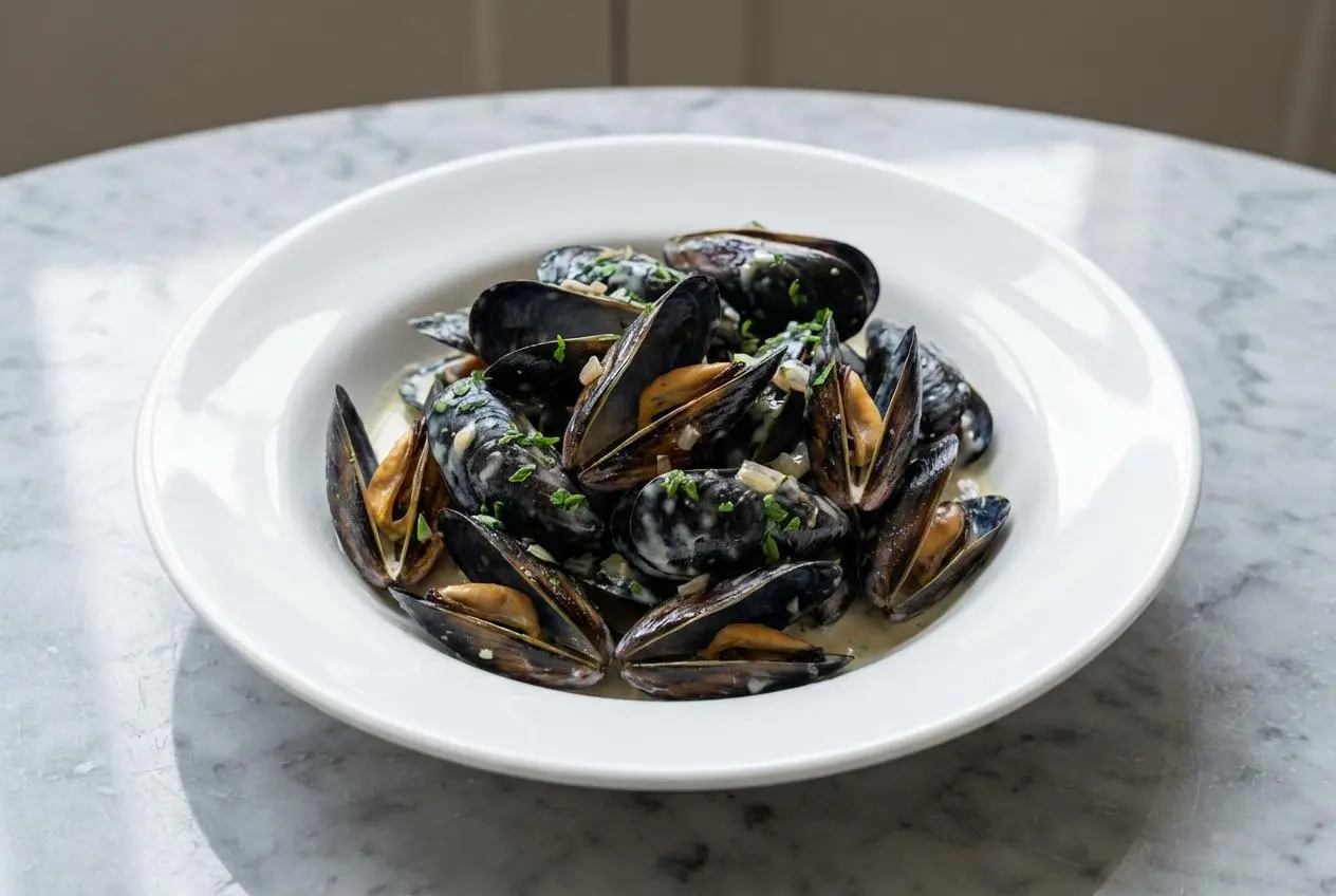 Plat de moules au roquefort dans une marmite noire, avec une sauce visiblement onctueuse grâce à la double cuisson, le tout sur un plan de travail en marbre blanc sous une lumière naturelle.
