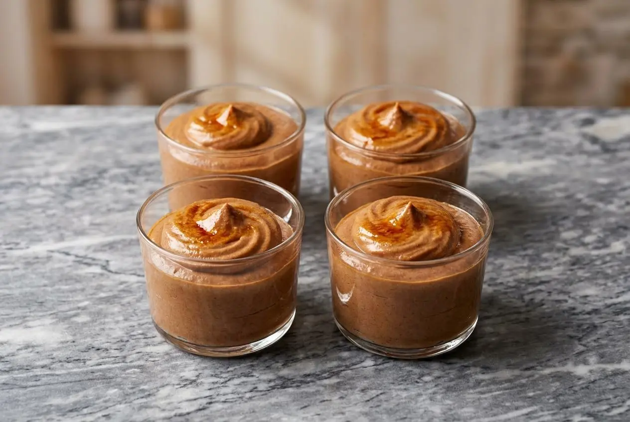 Onctueuse mousse aux marrons dans une verrine, coiffée d'une chantilly au mascarpone et d'un trait de rhum, posée sur un comptoir en marbre blanc sous une lumière douce.