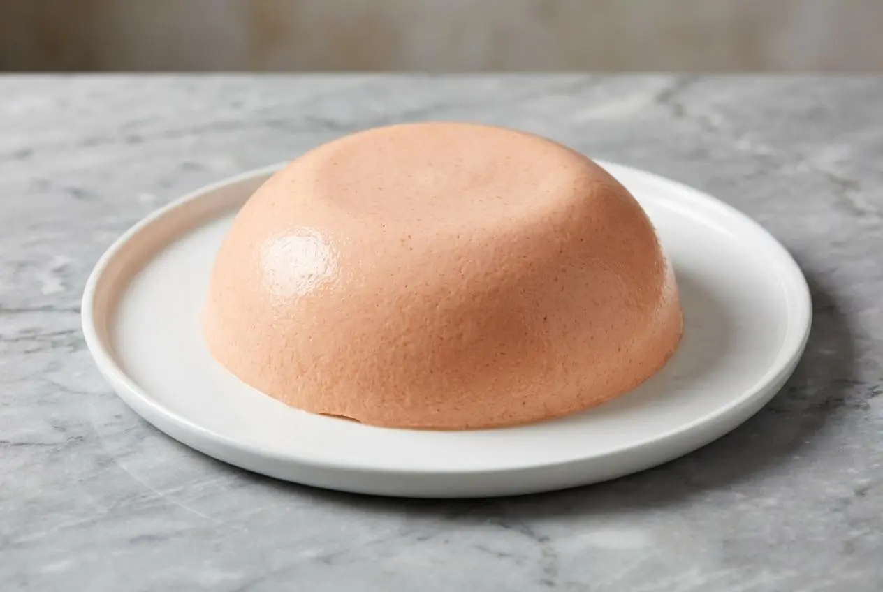 Prise de vue en angle d'une mousse de crevettes rose pâle servie dans un bol en céramique minimaliste, rehaussée de cognac et garnie d'aneth frais, sur un comptoir en marbre blanc baigné de lumière naturelle.