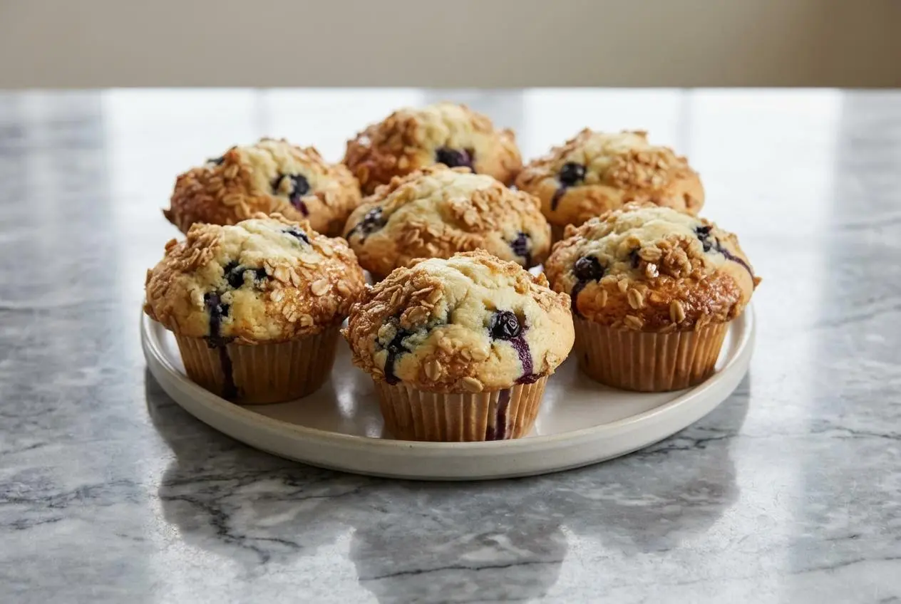 Muffins aux myrtilles moelleux garnis d'un streusel croustillant à l'avoine, photographiés sur une surface en marbre blanc avec des ombres douces créées par une lumière naturelle.