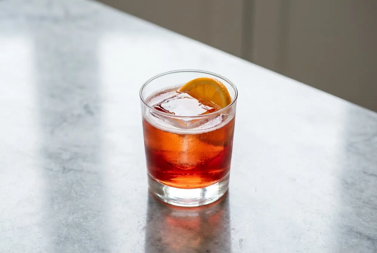 Gros plan d'un verre de Negroni sbagliato pétillant, garni d'un zeste de pamplemousse rose flambé, posé sur un comptoir en marbre blanc avec une lumière naturelle douce.