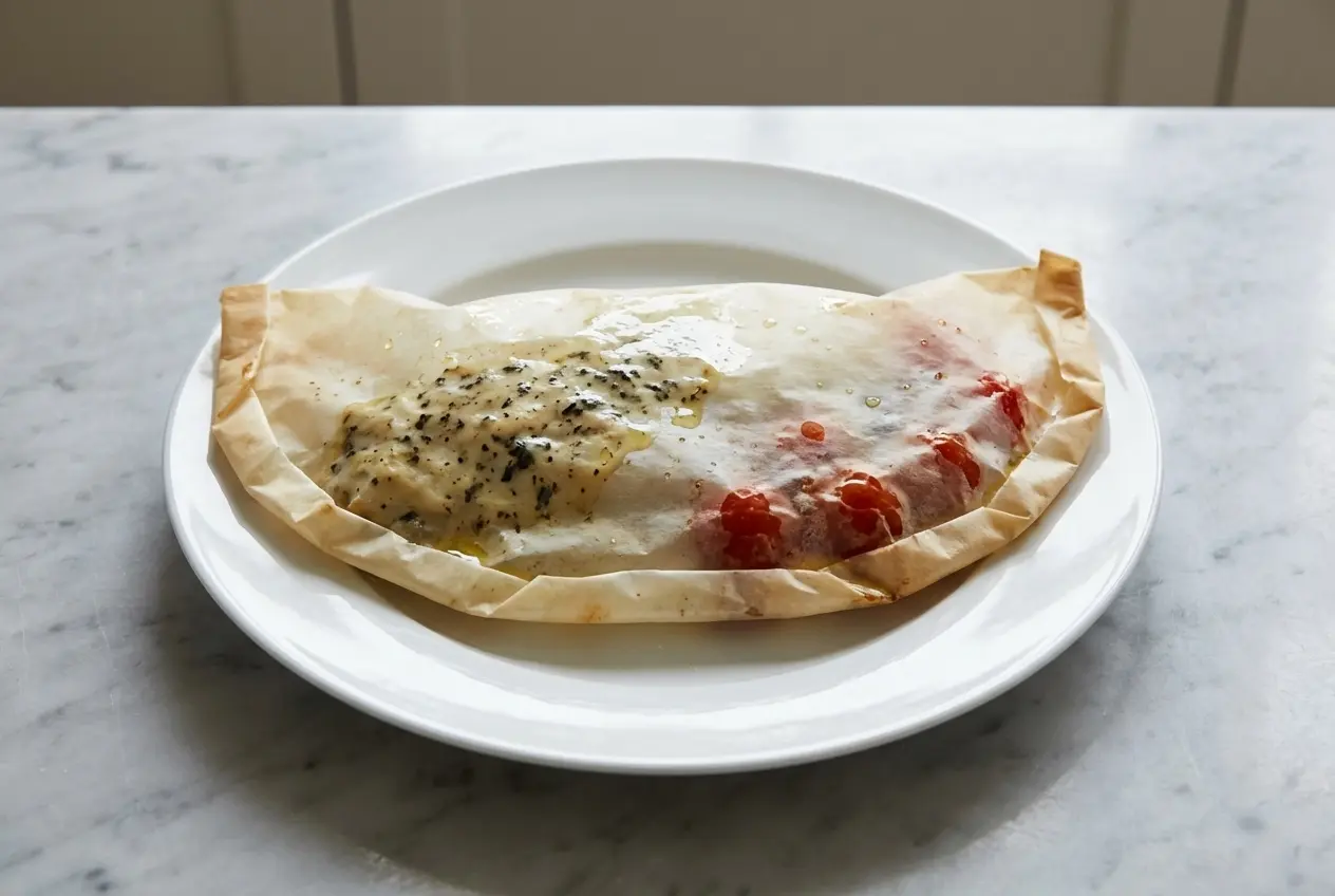Papillote de poisson au citron ouverte dans une assiette en céramique, révélant un filet de cabillaud nacré nappé d'une sauce crémeuse parsemée de citronnelle fraîche et de zeste de citron vert, sur une surface en marbre blanc.