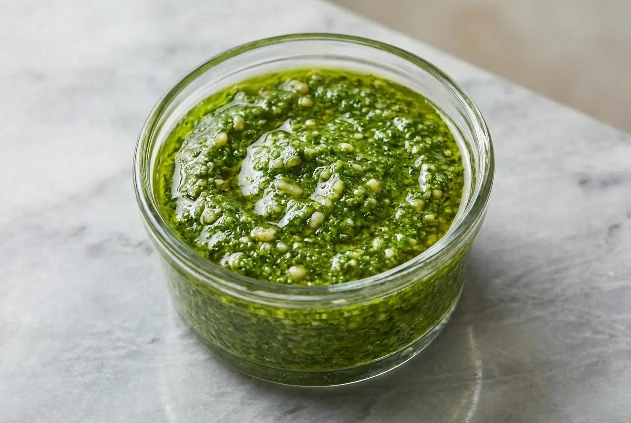 Vue de dessus d'un bol en céramique contenant un pesto au basilic maison d'un vert intense, résultat du blanchiment des feuilles, posé sur une surface en marbre clair avec un éclairage doux.