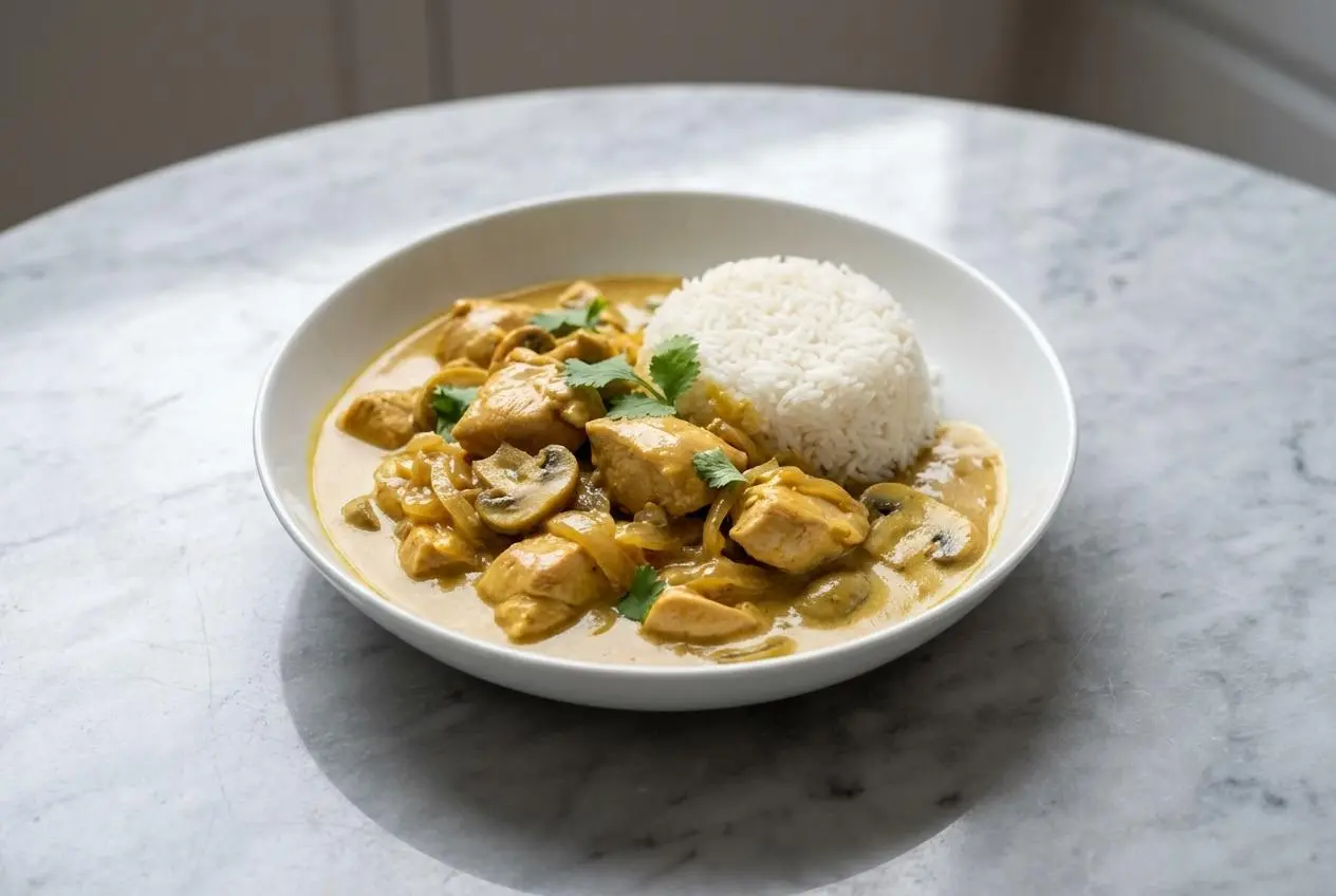 Poulet au curry lait de coco onctueux servi dans un bol en céramique minimaliste, garni de coriandre fraîche et d'un quartier de citron vert, sur un comptoir en marbre blanc baigné de lumière naturelle.