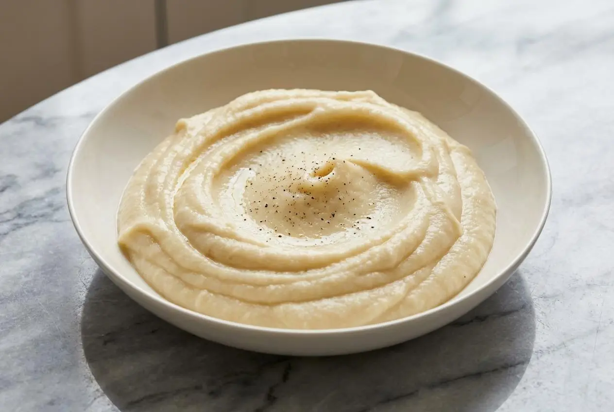 Purée de panais onctueuse, parsemée de thym frais, servie dans un bol en céramique minimaliste sur une surface en marbre blanc, avec une lumière naturelle créant des ombres douces.