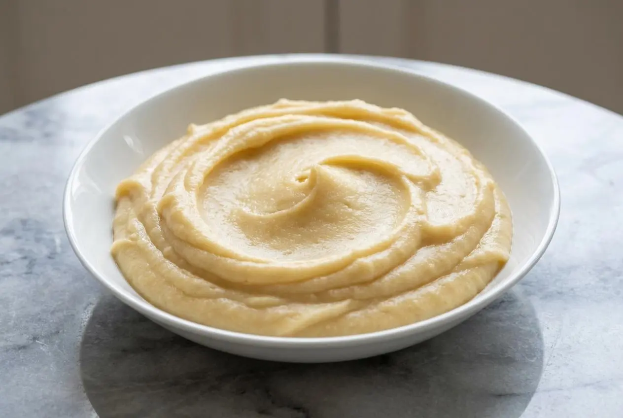 Vue plongeante d'une purée de pommes de terre onctueuse, servie dans un bol en céramique minimaliste sur une surface en marbre blanc. La purée est nappée d'un filet de beurre noisette doré, créant des ombres douces sous une lumière naturelle.